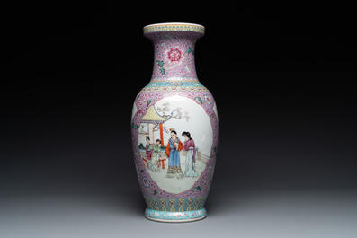A pair of Chinese famille rose vases and two vases, Qianlong mark, 20th C.