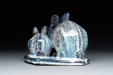 A Chinese Shiwan flamb&eacute; group of two rabbits, Cao Wenxuan 曹文選 and Jing De Zhen Zhi 景德鎮制 seal marks, 1st half 20th C.