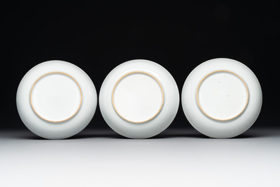 A Chinese famille rose 'Lowestoft' teapot, a plate, three cups and nine saucers, Qianlong