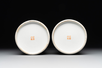 A pair of Chinese famille rose hat stands with birds among flowering branches, signed Zhu Shaoquan 朱少泉, dated 1892