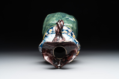 A fine polychrome Dutch Delft 'bobbejak' ewer, 18th C.
