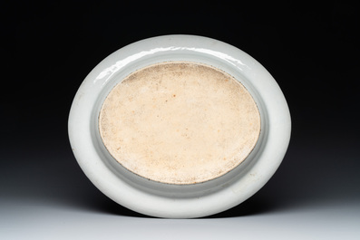 A Chinese export famille rose covered tureen and an oval dish with strainer, Jiaqing