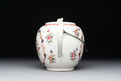 A Chinese famille rose 'Lowestoft' teapot, a plate, three cups and nine saucers, Qianlong