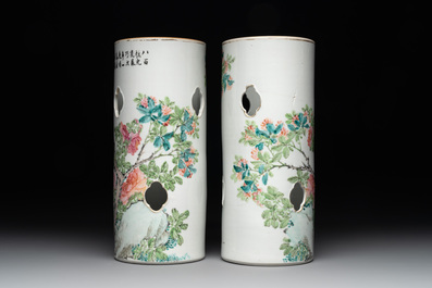A pair of Chinese famille rose hat stands with birds among flowering branches, signed Zhu Shaoquan 朱少泉, dated 1892