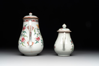 A Chinese famille rose tea caddy, two covered milk jugs and three vases, Yongzheng/Qianlong