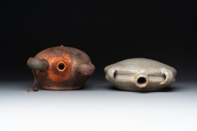 Five stoneware jugs or pilgrim flasks, including a Raeren example with armorial design, 16/17th C. and later