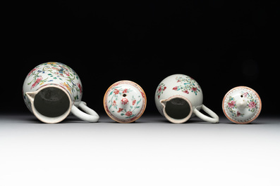 A Chinese famille rose tea caddy, two covered milk jugs and three vases, Yongzheng/Qianlong