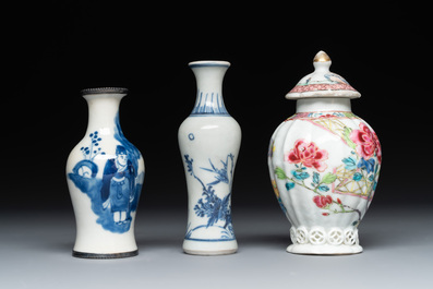 A varied collection of 13 Chinese famille rose, blue and white wares, Transitional period/19th C.