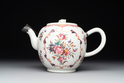A Chinese famille rose 'Lowestoft' teapot, a plate, three cups and nine saucers, Qianlong