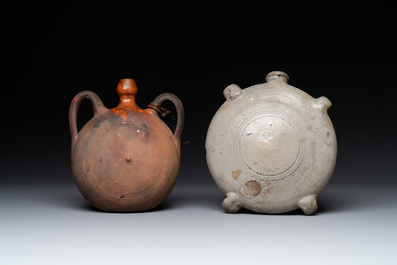 Five stoneware jugs or pilgrim flasks, including a Raeren example with armorial design, 16/17th C. and later