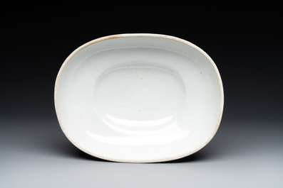 A Chinese export famille rose covered tureen and an oval dish with strainer, Jiaqing