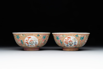 A pair of Chinese famille rose pink-ground 'antiquities' bowls, Zhengde mark, 19th C.