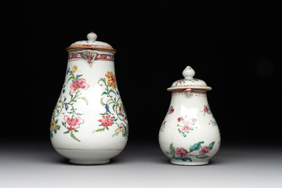 A Chinese famille rose tea caddy, two covered milk jugs and three vases, Yongzheng/Qianlong