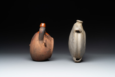 Five stoneware jugs or pilgrim flasks, including a Raeren example with armorial design, 16/17th C. and later