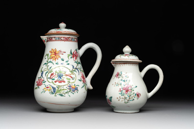 A Chinese famille rose tea caddy, two covered milk jugs and three vases, Yongzheng/Qianlong