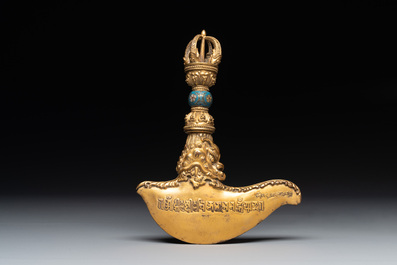 A Sino-Tibetan gilt copper and cloisonn&eacute; vajra kartika with inscriptions, 19/20th C.