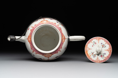A Chinese famille rose 'Lowestoft' teapot, a plate, three cups and nine saucers, Qianlong