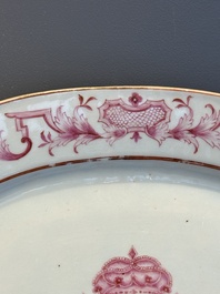 Three large oval Chinese crown-monogrammed puce-enamelled and gilt-decorated dishes, Qianlong