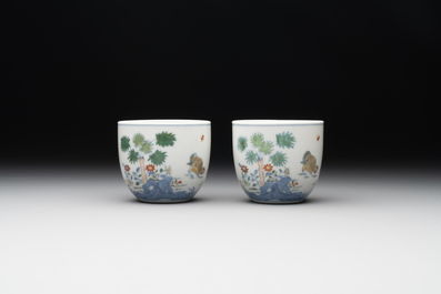 A pair of extremely rare imperial Chinese doucai 'chicken' cups, Chenghua mark, Yongzheng/Qianlong