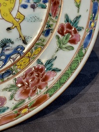 A Chinese famille rose 'Magu' plate, a famille verte plate and two Imari-style plates with floral design, Kangxi/Yongzheng