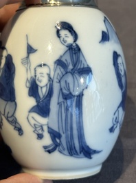 A Chinese blue and white 'Long Eliza and playing boys' tea caddy with silver mount and cover, Kangxi