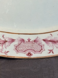 Three large oval Chinese crown-monogrammed puce-enamelled and gilt-decorated dishes, Qianlong