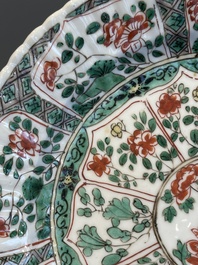 A Chinese famille rose 'Magu' plate, a famille verte plate and two Imari-style plates with floral design, Kangxi/Yongzheng