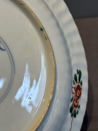 A Chinese famille rose 'Magu' plate, a famille verte plate and two Imari-style plates with floral design, Kangxi/Yongzheng