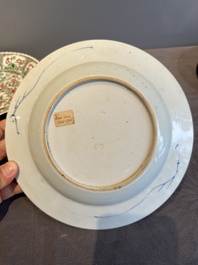 A Chinese famille rose 'Magu' plate, a famille verte plate and two Imari-style plates with floral design, Kangxi/Yongzheng