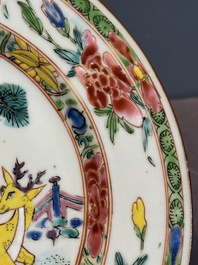 A Chinese famille rose 'Magu' plate, a famille verte plate and two Imari-style plates with floral design, Kangxi/Yongzheng