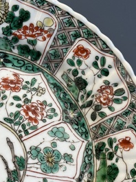 A Chinese famille rose 'Magu' plate, a famille verte plate and two Imari-style plates with floral design, Kangxi/Yongzheng
