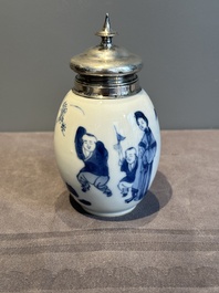 A Chinese blue and white 'Long Eliza and playing boys' tea caddy with silver mount and cover, Kangxi