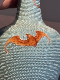 A Chinese iron-red-decorated turquoise-ground bottle vase with bats, Qianlong mark, 20th C.