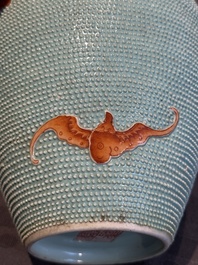 A Chinese iron-red-decorated turquoise-ground bottle vase with bats, Qianlong mark, 20th C.