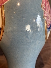 A rare Chinese blue, white and famille rose vase with landscape design, Guangxu mark, dated 1908
