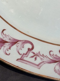 Three large oval Chinese crown-monogrammed puce-enamelled and gilt-decorated dishes, Qianlong