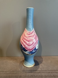 A rare Chinese blue, white and famille rose vase with landscape design, Guangxu mark, dated 1908
