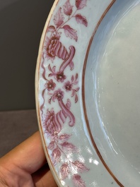 Three large oval Chinese crown-monogrammed puce-enamelled and gilt-decorated dishes, Qianlong