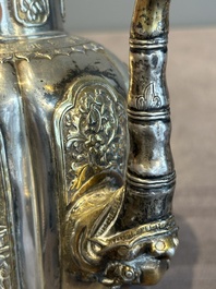 A Chinese parcel-gilt silver wine ewer for the Peranakan or Straits market,  Xuan Huang Hao 炫煌號 and An Yi Zao 安益造 mark, 19/20th C.