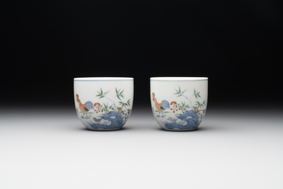 A pair of extremely rare imperial Chinese doucai 'chicken' cups, Chenghua mark, Yongzheng/Qianlong