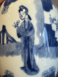 A Chinese blue and white silver-mounted 'Long Eliza' tea caddy and cover, Kangxi