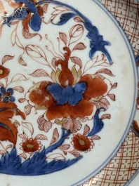 A Chinese famille rose 'Magu' plate, a famille verte plate and two Imari-style plates with floral design, Kangxi/Yongzheng