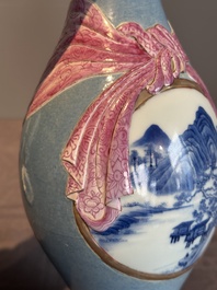 A rare Chinese blue, white and famille rose vase with landscape design, Guangxu mark, dated 1908