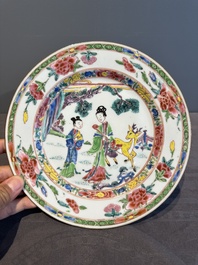 A Chinese famille rose 'Magu' plate, a famille verte plate and two Imari-style plates with floral design, Kangxi/Yongzheng