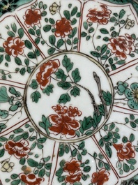 A Chinese famille rose 'Magu' plate, a famille verte plate and two Imari-style plates with floral design, Kangxi/Yongzheng
