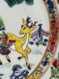 A Chinese famille rose 'Magu' plate, a famille verte plate and two Imari-style plates with floral design, Kangxi/Yongzheng