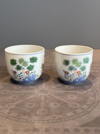 A pair of extremely rare imperial Chinese doucai 'chicken' cups, Chenghua mark, Yongzheng/Qianlong