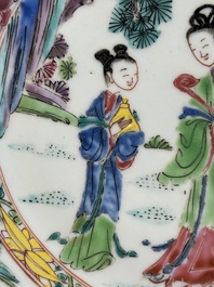 A Chinese famille rose 'Magu' plate, a famille verte plate and two Imari-style plates with floral design, Kangxi/Yongzheng