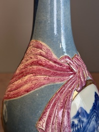 A rare Chinese blue, white and famille rose vase with landscape design, Guangxu mark, dated 1908