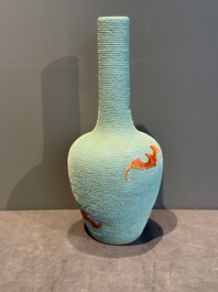 A Chinese iron-red-decorated turquoise-ground bottle vase with bats, Qianlong mark, 20th C.